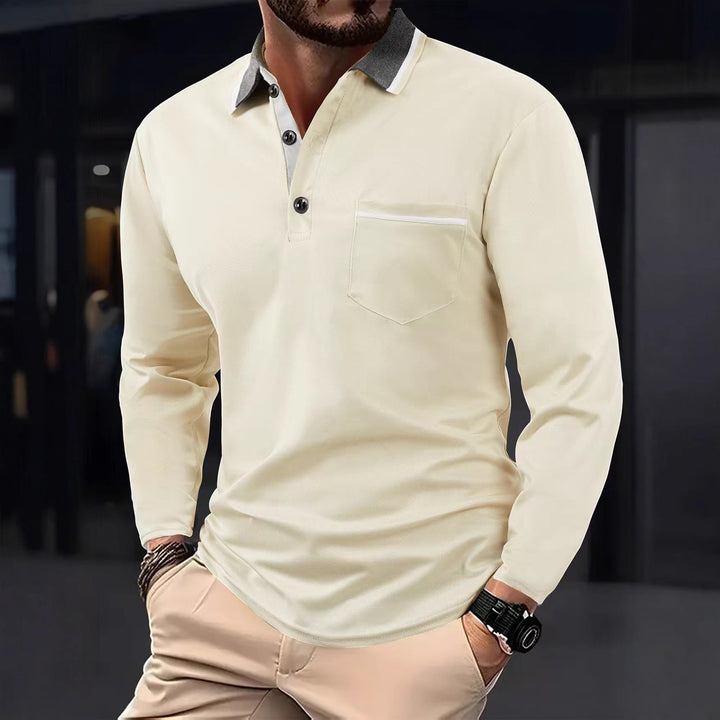 Men's long sleeve polo with textured collar and chest pocket Lune London