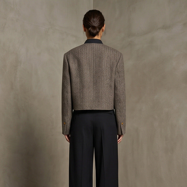 Ladies Short Cut Wool Blazer with Stand-up Collar and Herringbone Pattern Amarae