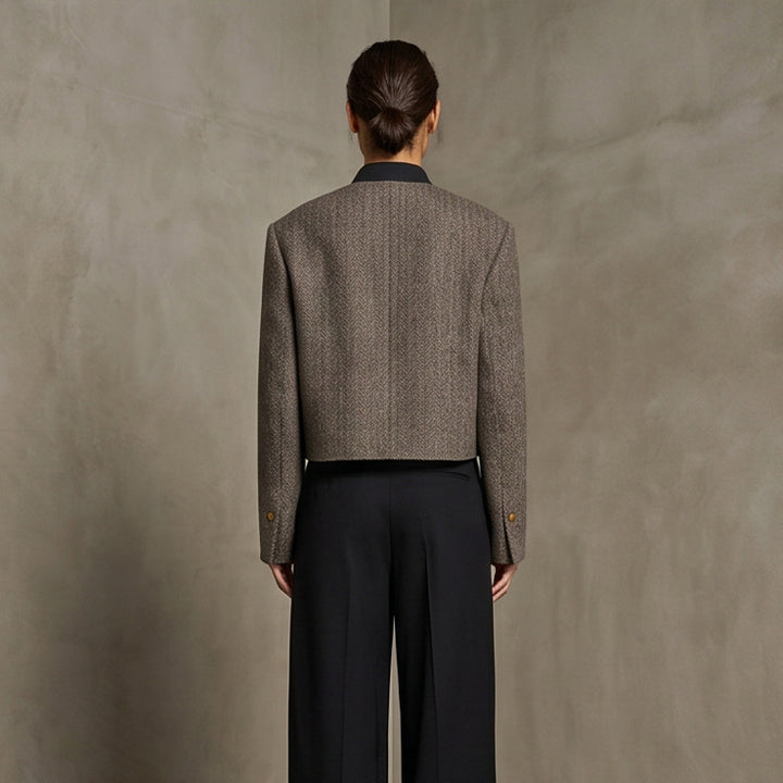 Ladies Short Cut Wool Blazer with Stand-up Collar and Herringbone Pattern Amarae