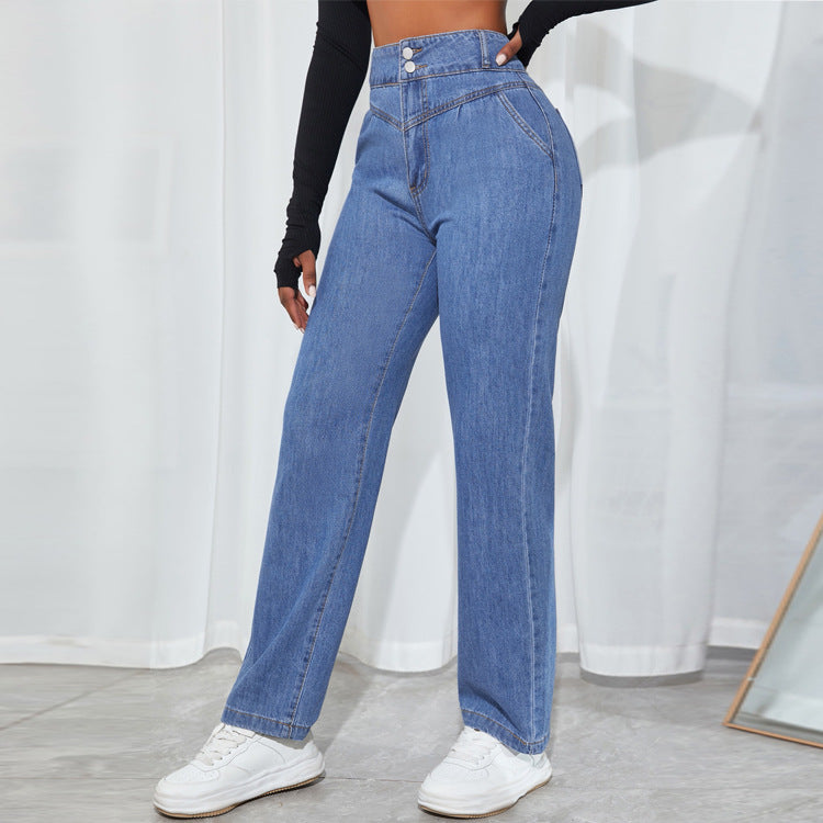Women's high-waisted straight-cut jeans with V-shaped waistband and wide leg Amarae