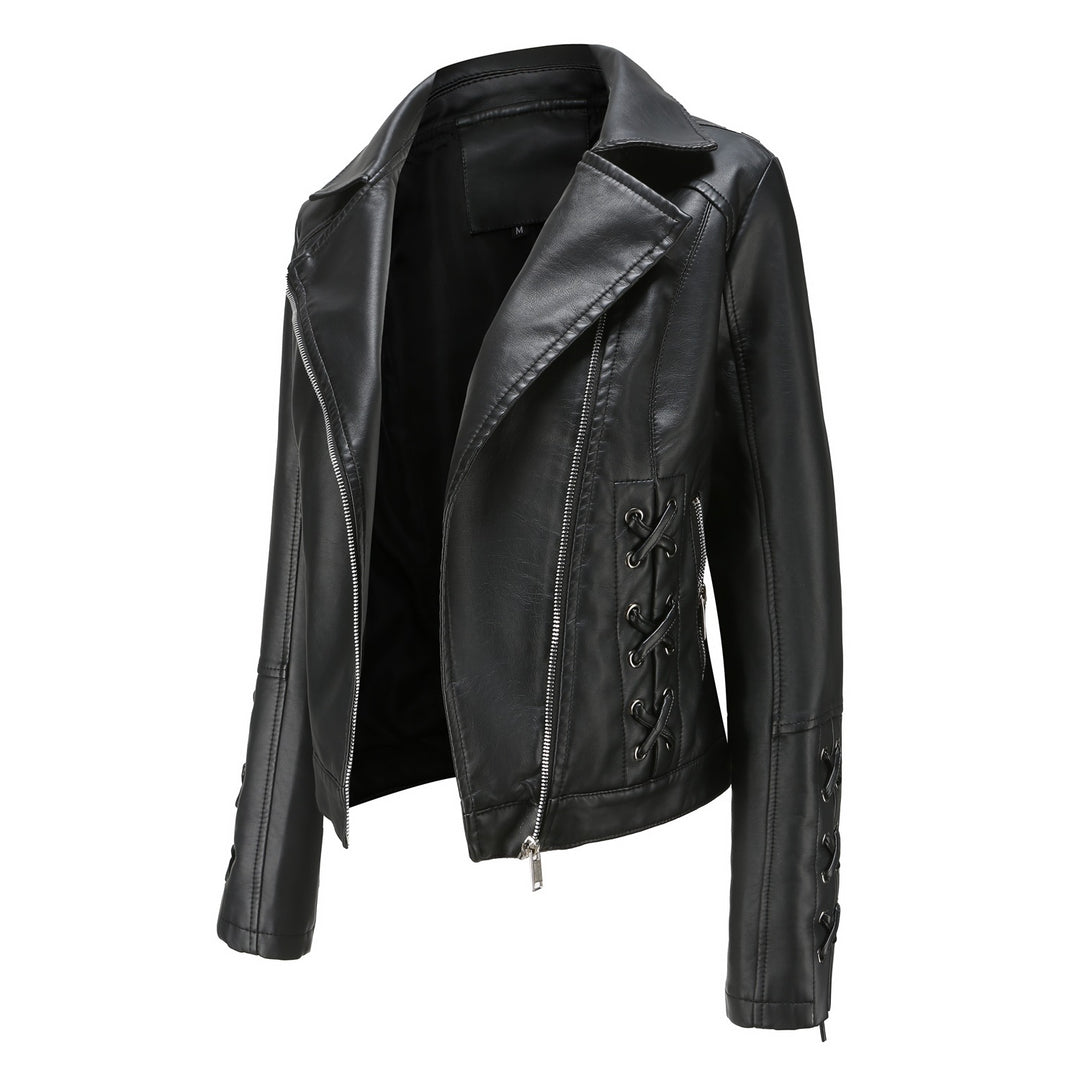 Faux leather jacket for women with refined lace details Lune London