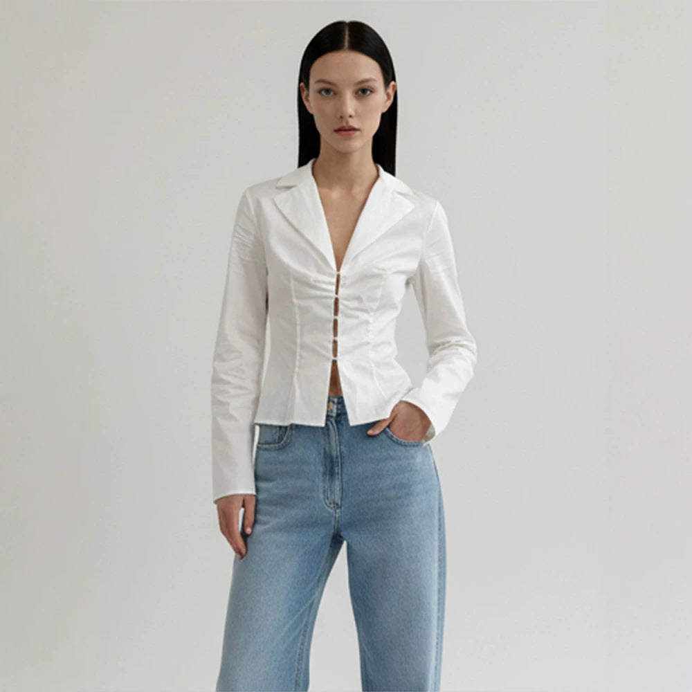 Women's Tailored Poplin Shirt Blouse with Corset Seams & Hook Front Amarae