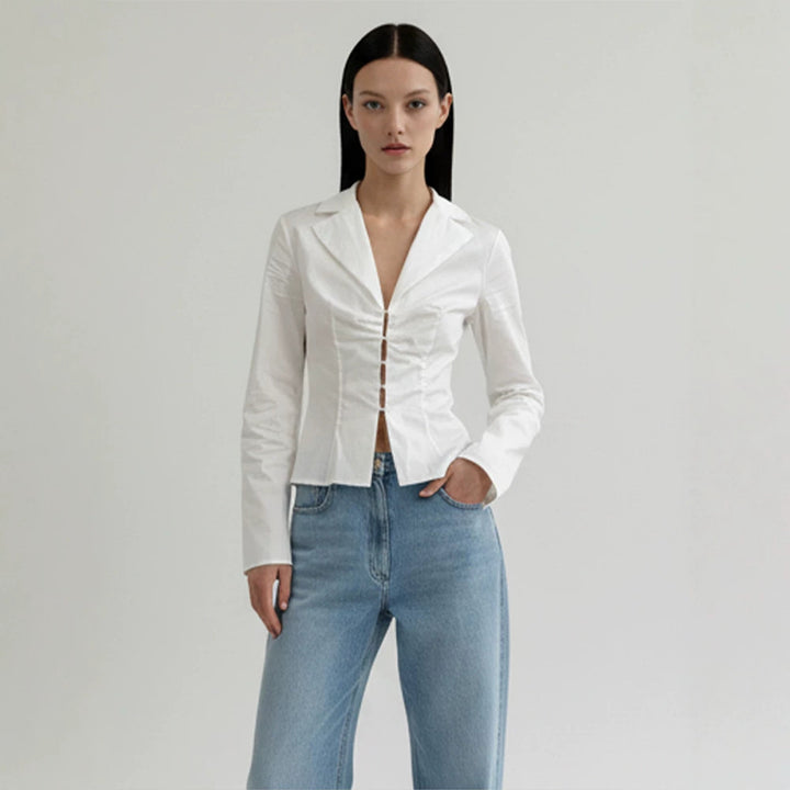 Women's Tailored Poplin Shirt Blouse with Corset Seams & Hook Front Amarae