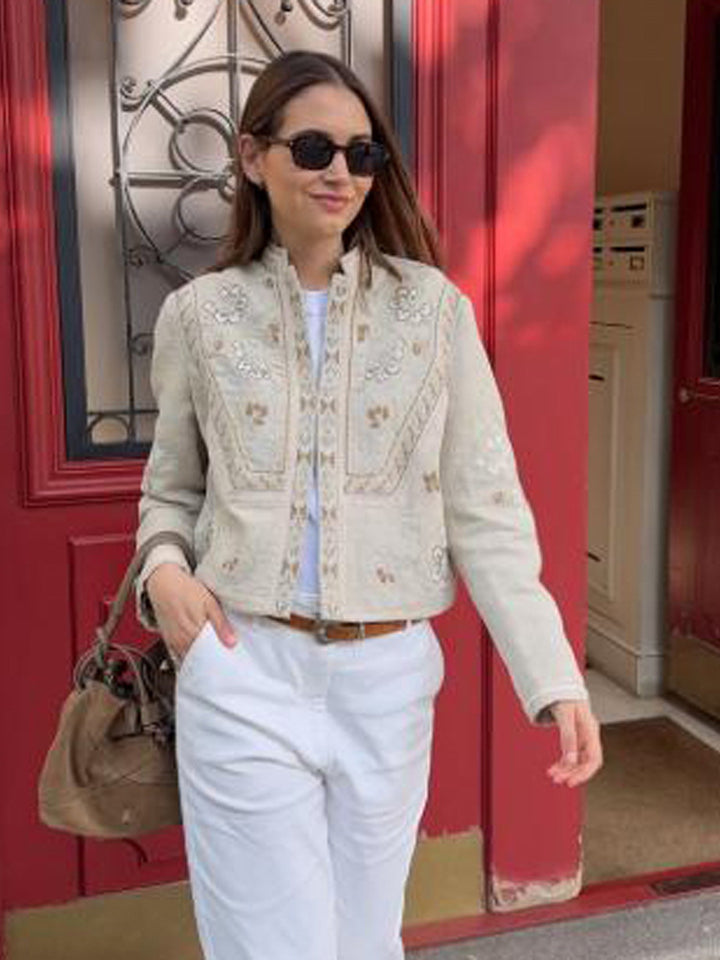 Women's short jacket made of linen blend with elaborate embroidery, stand collar, and tailored silhouette Amarae