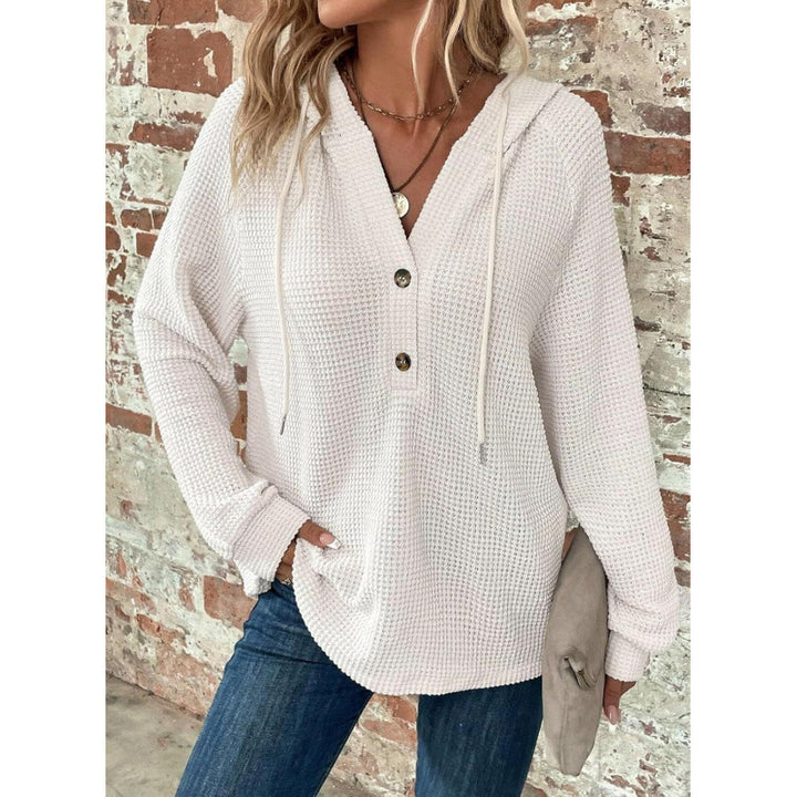 Women Waffle Knit Hoodie with Henley Button Placket and Oversized Cut Amarae
