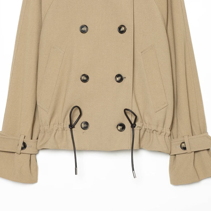 Women Cropped Trench Coat with High Funnel Collar, Raglan Sleeves and Drawstring Waistband Amarae