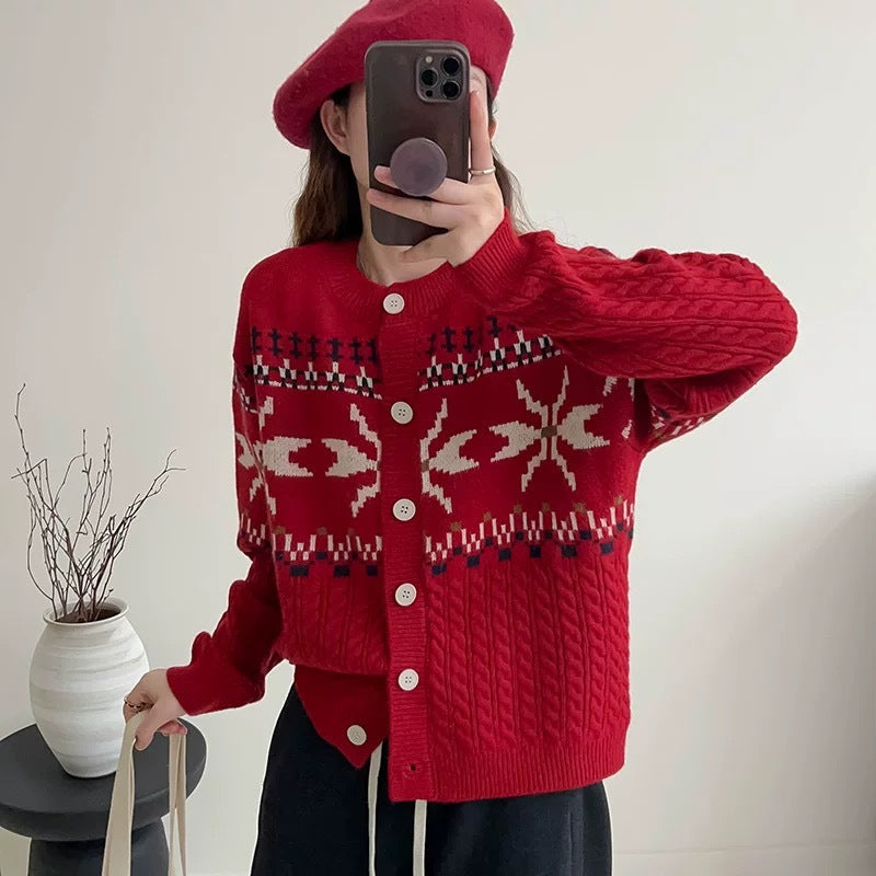 Womens knit jacket with folk pattern and high-quality braid structure Lune London