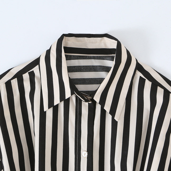 Women Oversize Stripe Blouse with Waist Tie and Shirt Collar Amarae