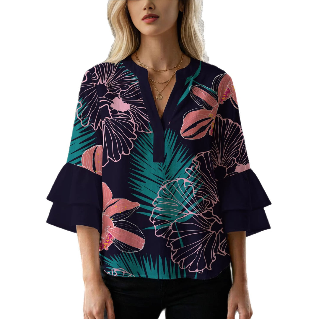 Ladies blouse with voluminous ruffled sleeves and floral print Lune London