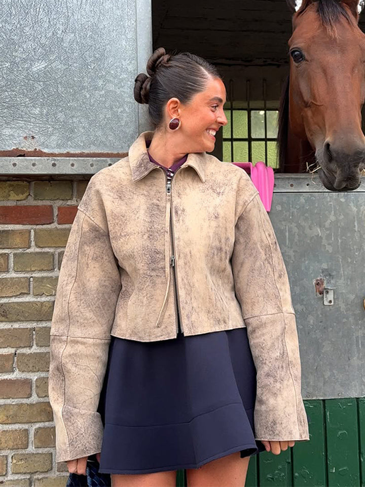 Women's short cut suede jacket in used look with extra long sleeves and two-way zipper Amarae