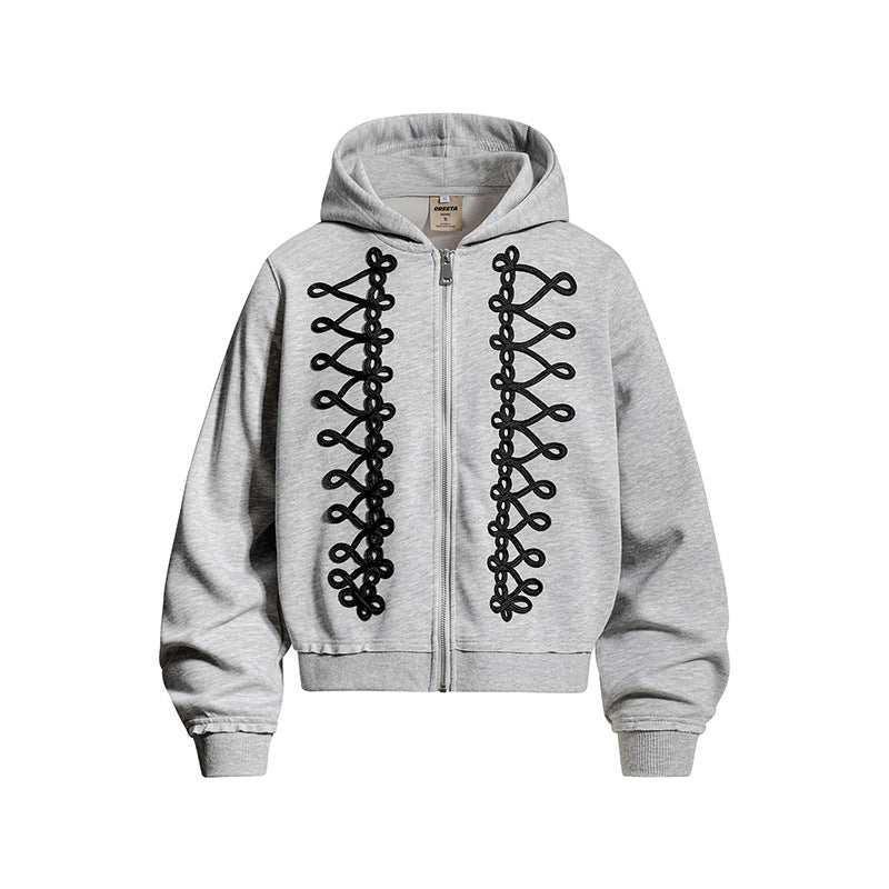 Women's hoodie sweatshirt jacket with decorative frogging embroidery and full-length zipper Amarae