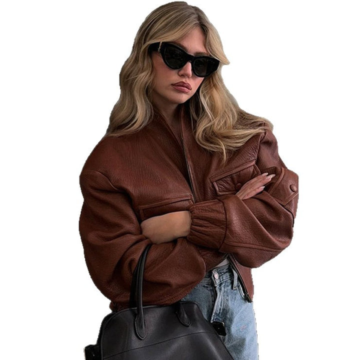 Fashionable synthetic leather jacket for women with unique pockets and elastic ribbed edge finishes Lune London