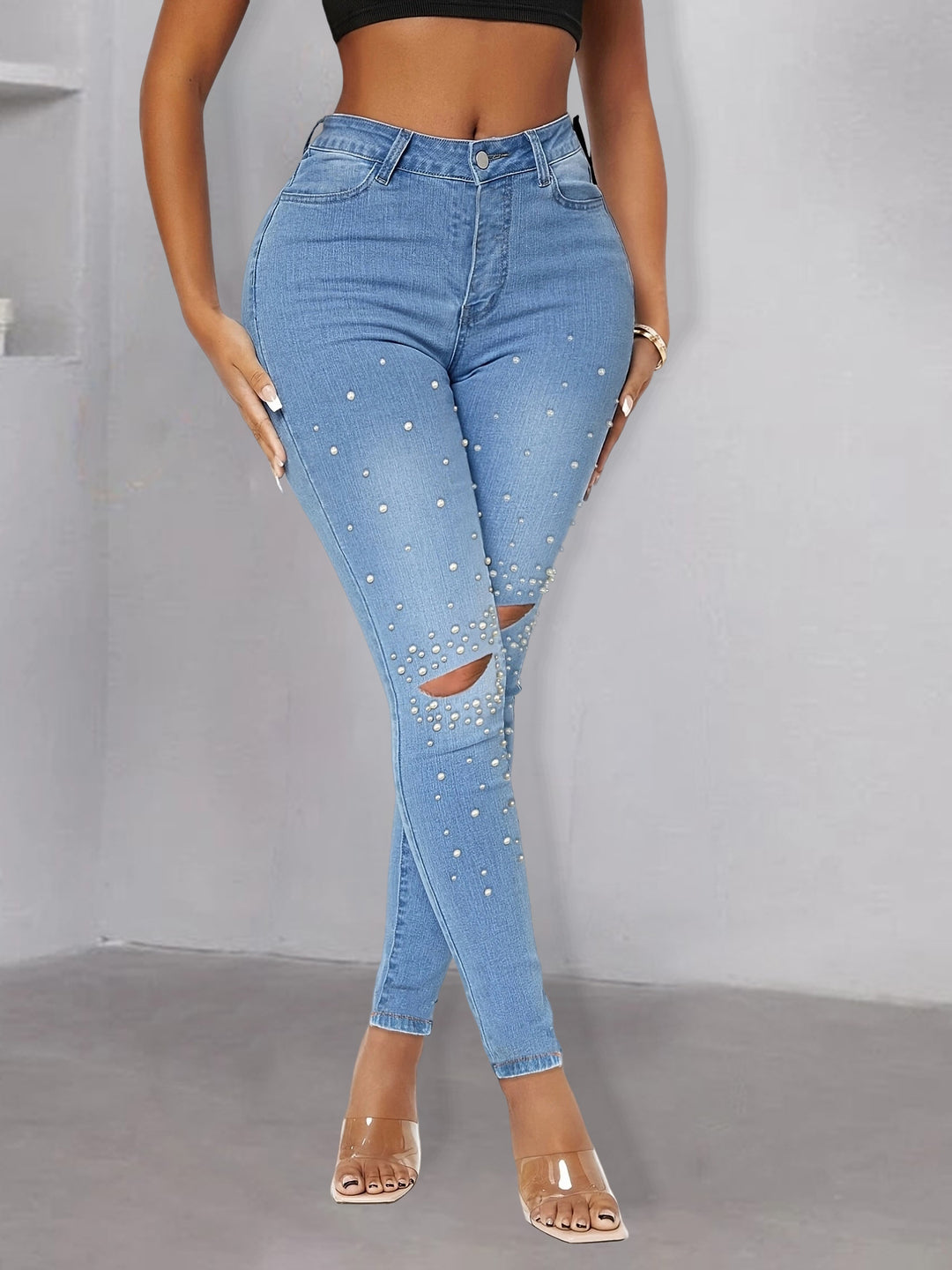 Women pearl-embellished high-waist skinny jeans with knee cutouts Amarae