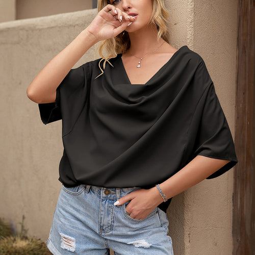 Chic V Neck Decorative Blouse for Women with Asymmetrical Hem