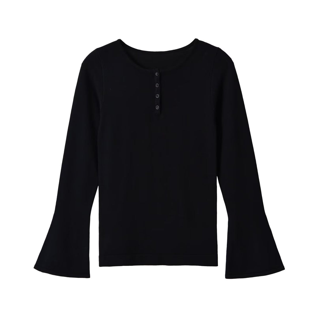 Women's fine knit long sleeve with Henley button placket and flared trumpet sleeves Amarae