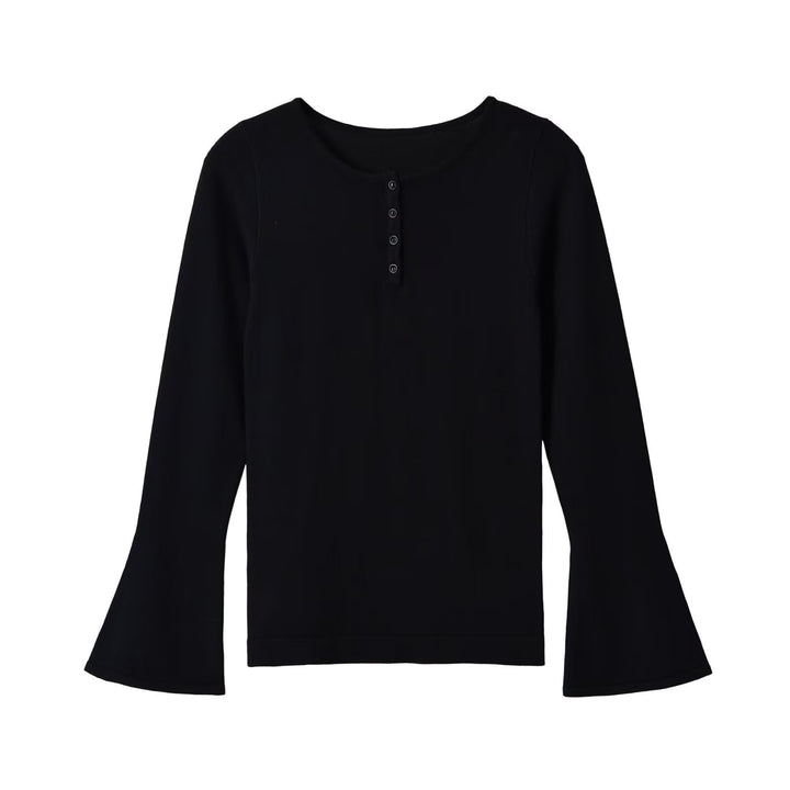 Women's fine knit long sleeve with Henley button placket and flared trumpet sleeves Amarae