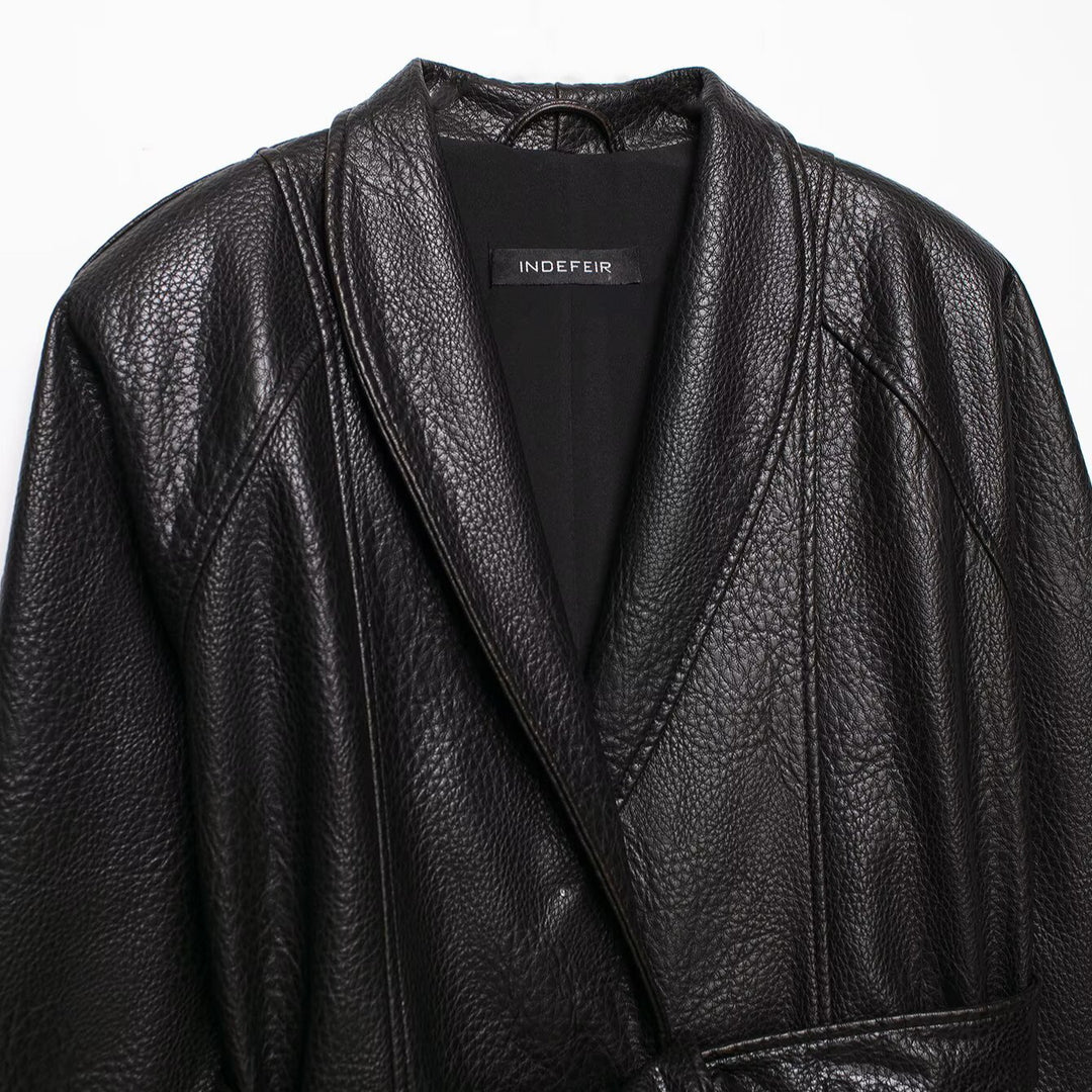 Women Short Jacket in Leather Look with Shawl Collar and Waist Tie Belt Amarae