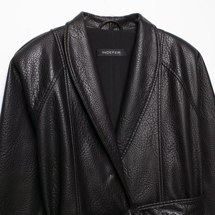 Women Short Jacket in Leather Look with Shawl Collar and Waist Tie Belt Amarae