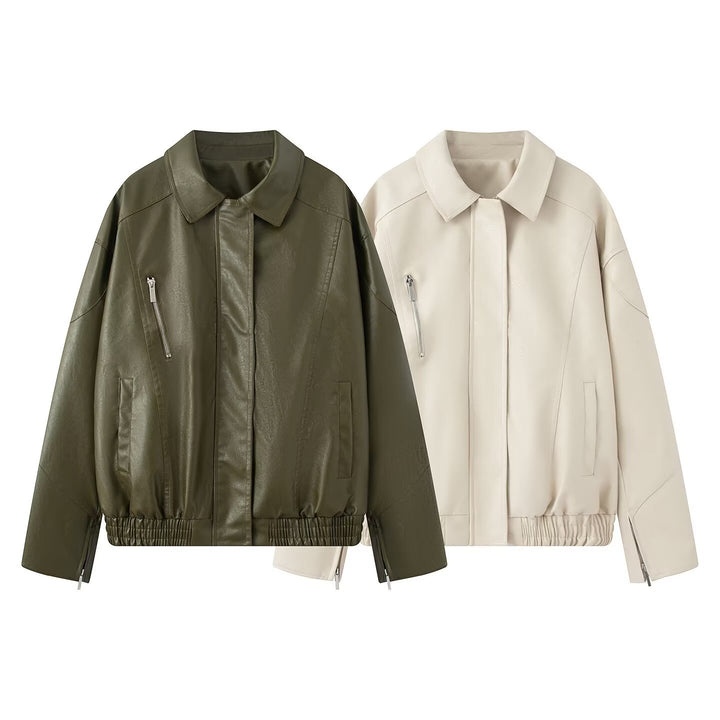 Elegant ladies faux leather jacket with practical zippered pockets Lune London