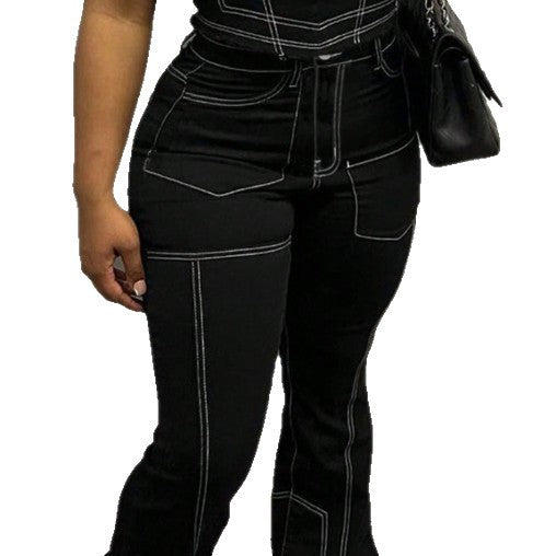 Ladies High-Waist Flared Jeans with Contrast Stitches and Cargo Inserts Amarae