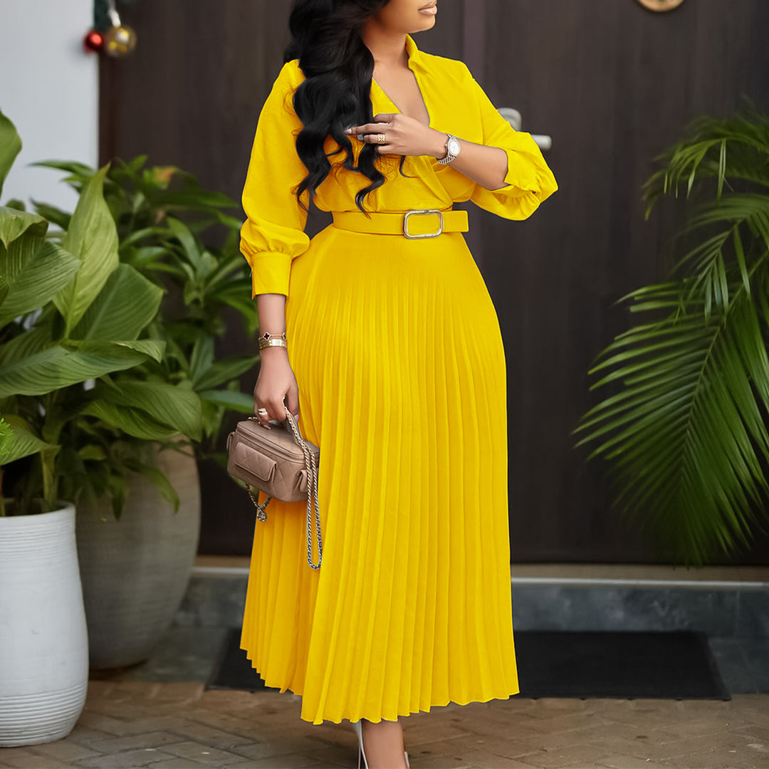 Pleated shirt dress for women with a belted waist and long sleeves Lune London