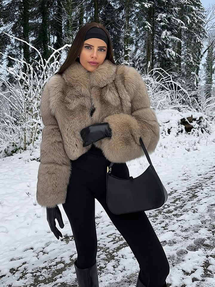 Women's Short Cut Luxury Faux Fur Blouson with Voluminous Shawl Collar Amarae