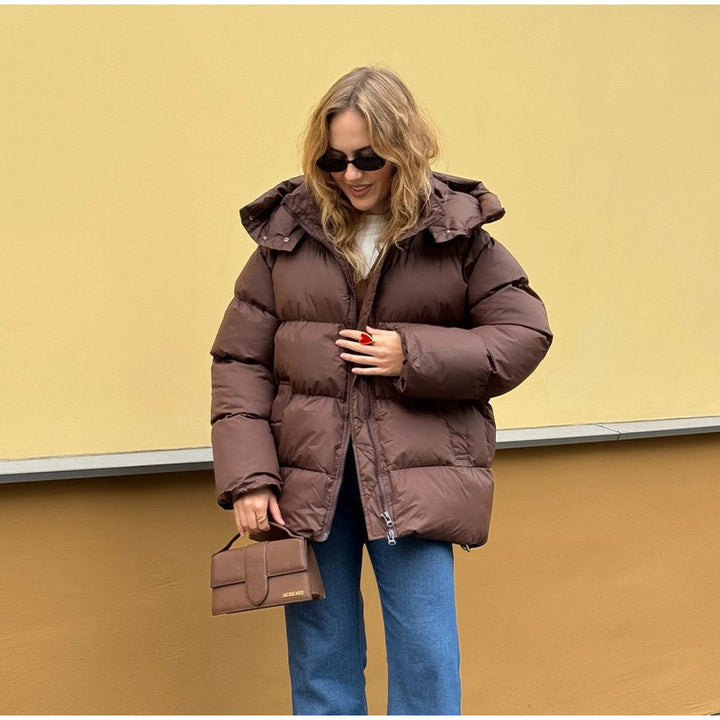 Women oversized high puffy quilted jacket with detachable zipper and kangaroo pockets Amarae