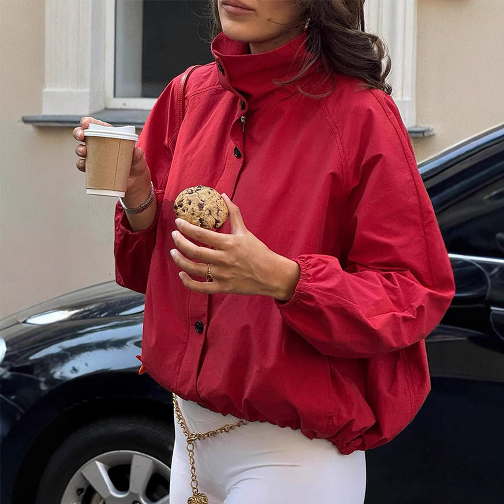 Women's Oversize Short Bomber Jacket with High Stand Collar, Concealed Snap Button Placket and Drawstring Hem Amarae