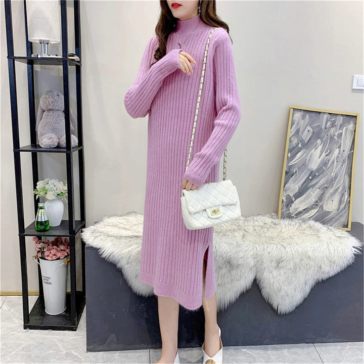 Maxi knit dress for women with high collar and fine ribbed structure Lune London
