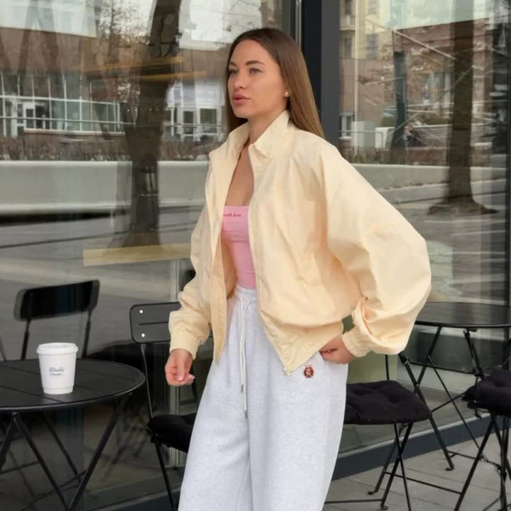 Women's Oversized Cropped Bomber Jacket with Stand Collar and Zipper