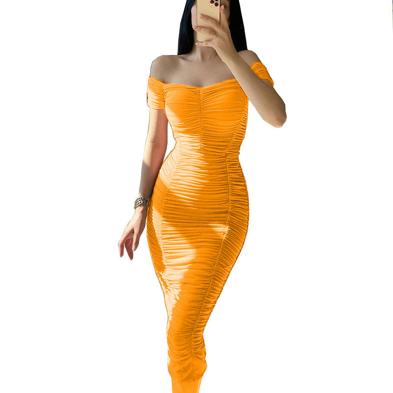Mini fitted dress for women with Bardot neckline and ruching Lune London