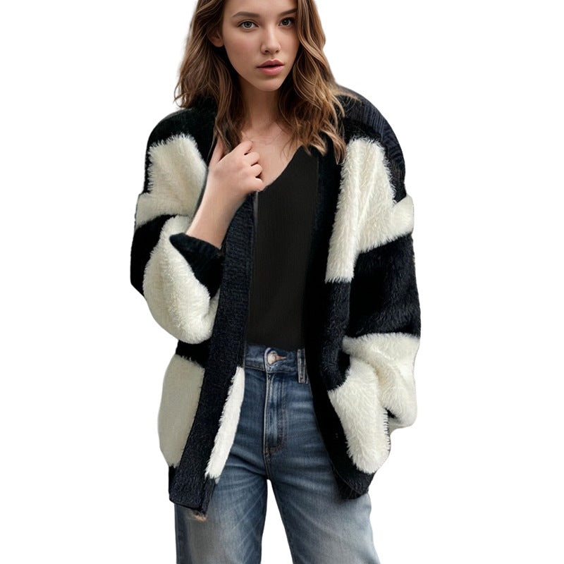 Ladies Chunky Knit Cardigan with Striped Pattern Fashion Lune London