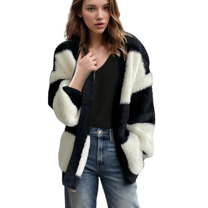 Ladies Chunky Knit Cardigan with Striped Pattern Fashion Lune London