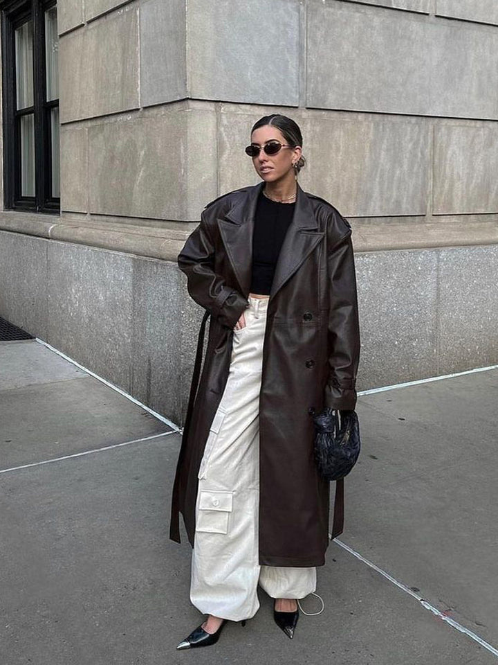 Ladies Maxilength Oversize Faux Leather Trench Coat with Wide Lapels and Waist Belt Amarae