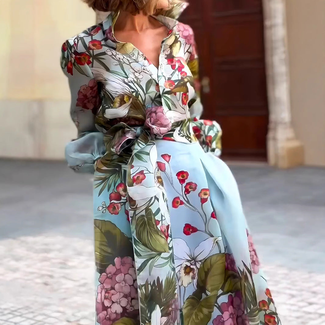 Ladies Elegant Maxi Dress with Floral Pattern and Beautiful Chic Belt and Style