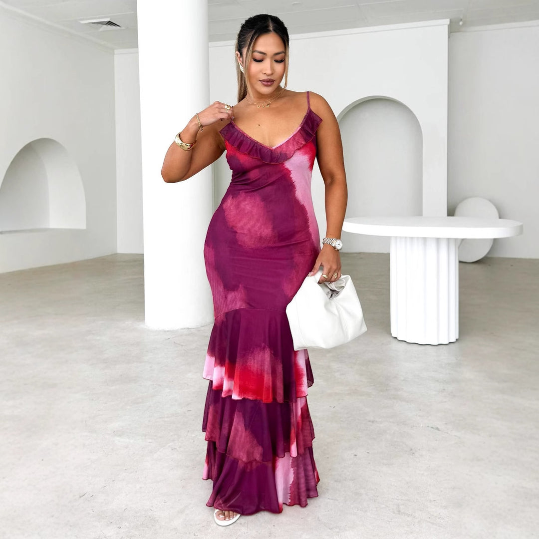 Women's body-hugging maxi dress with ruffle details and spaghetti straps Lune London