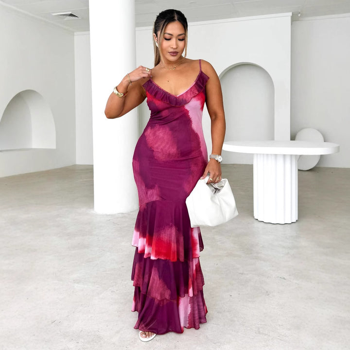 Women's body-hugging maxi dress with ruffle details and spaghetti straps Lune London