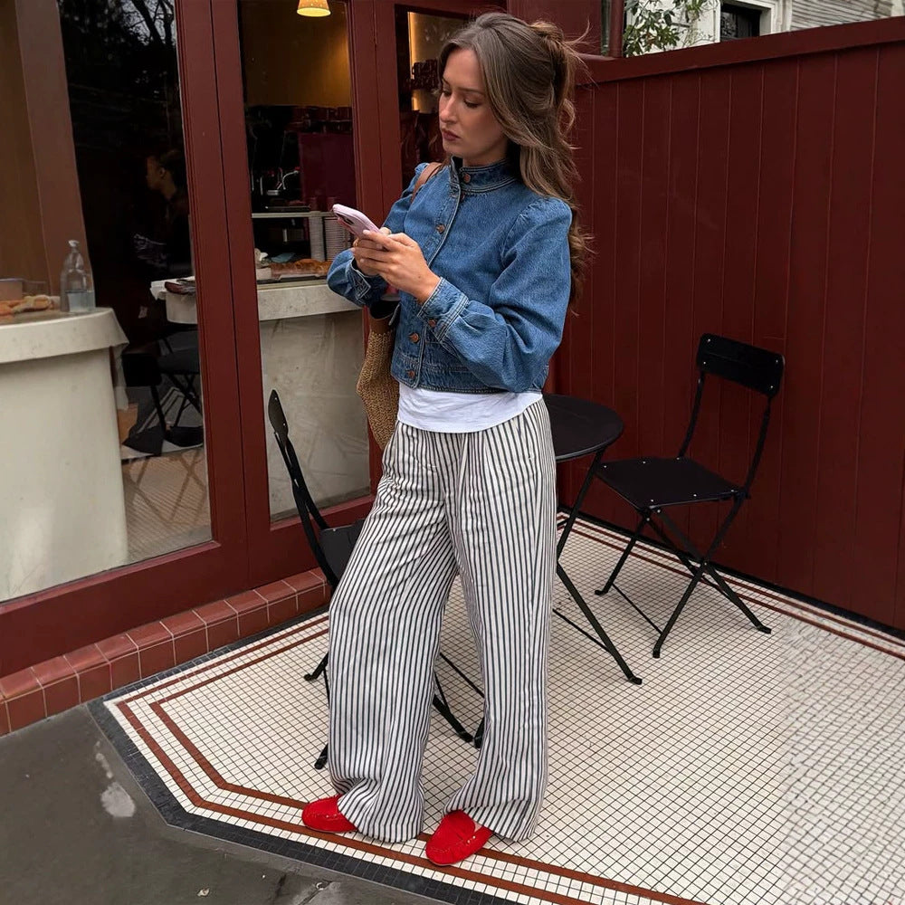 Women Wide Striped Palazzo Pants with High Waist and Flowing Viscose Quality Amarae