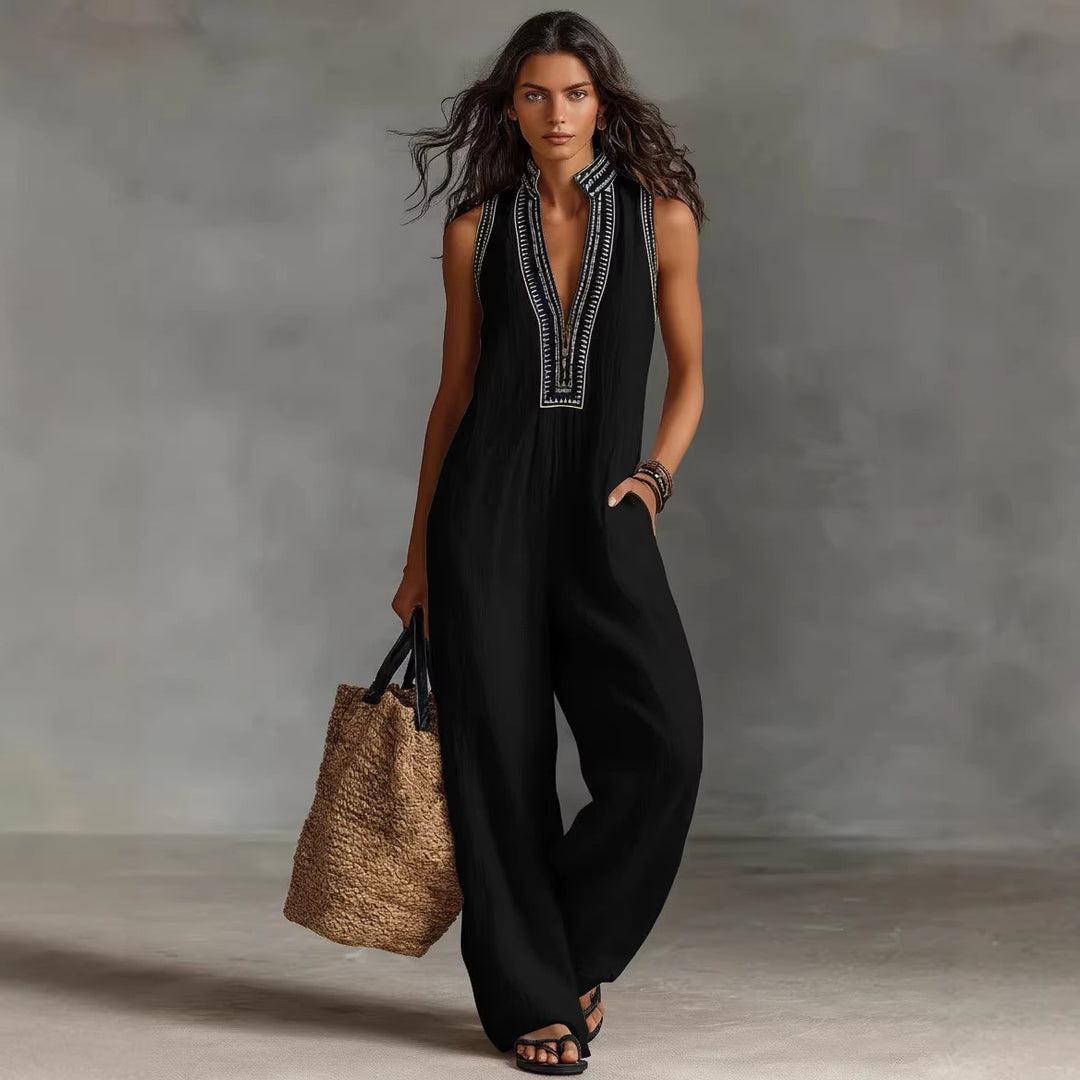 Women's airy jumpsuit with elegant V-neck and embroidered collar Lune London