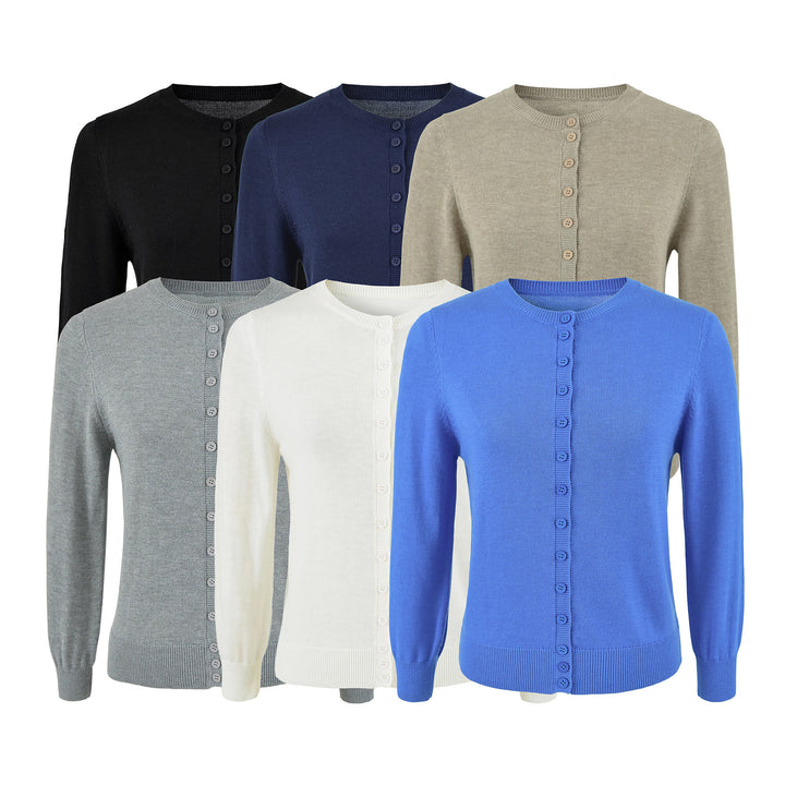 Ladies finely knitted round neck cardigan with button placket and ribbed cuffs Amarae