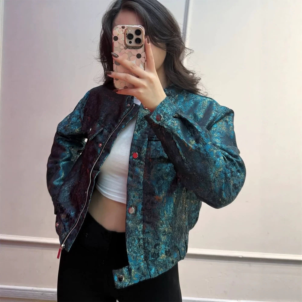Women's Short Jacket in Metallic Jacquard with Snap Button Placket and Flap Pockets Amarae