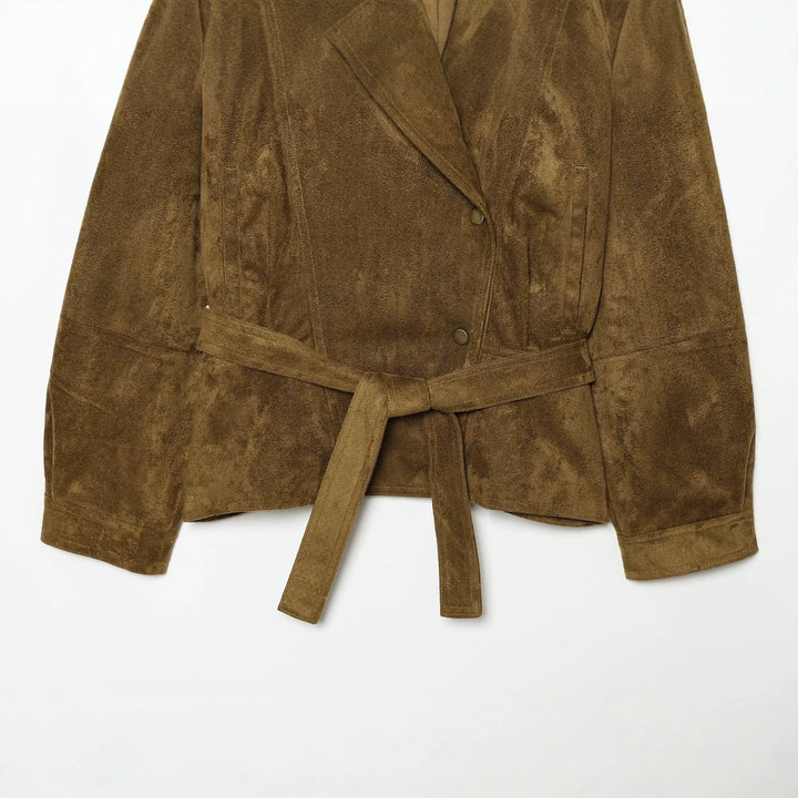 Women's Tailored Velvet Look Wrap Coat with Shawl Collar and Tied Belt Amarae
