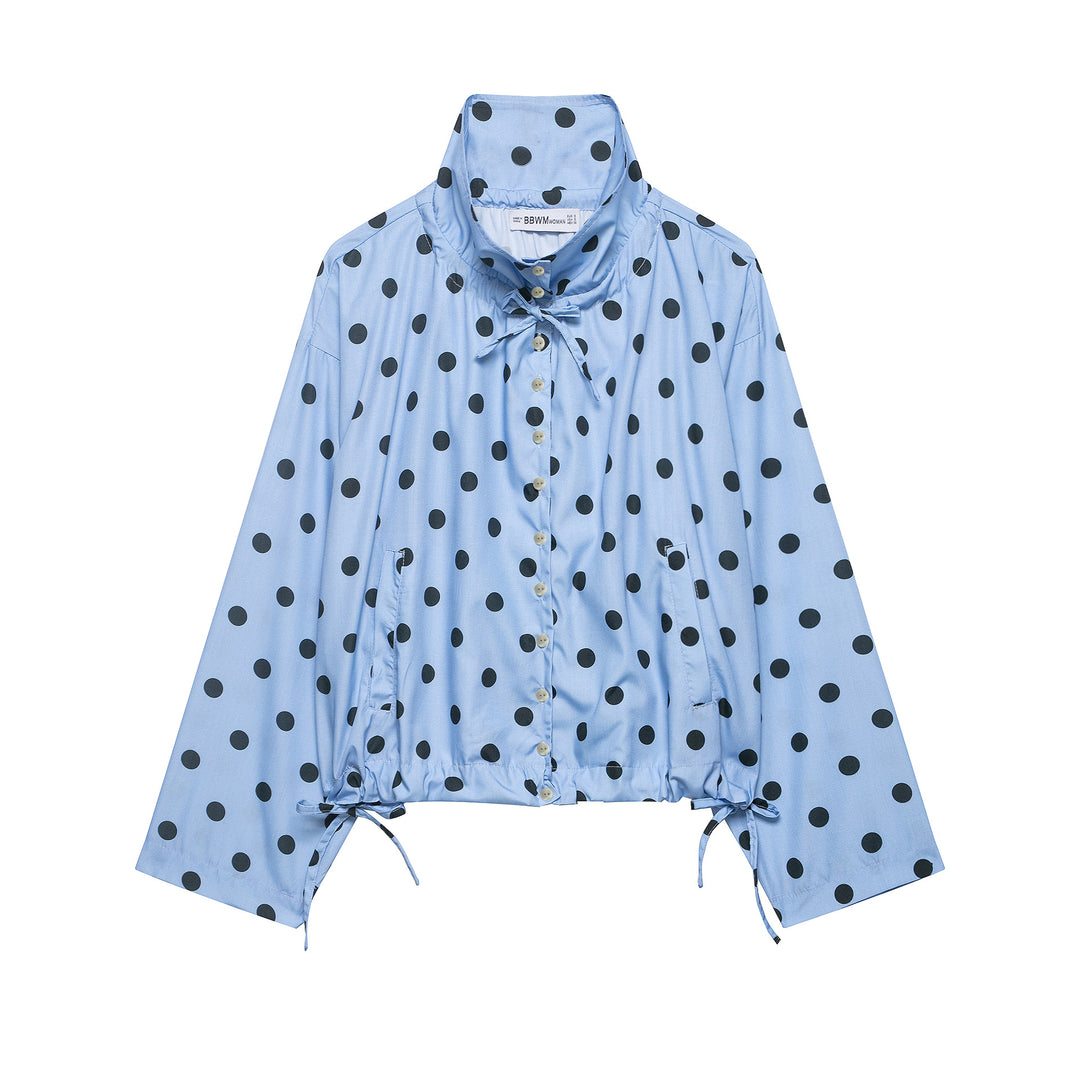 Women's lightweight blouse in polka dot design with stand-up collar, drawstring hem and button placket Amarae