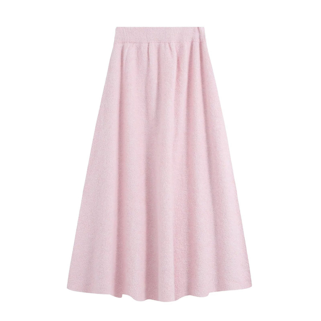 Women's knit set with cozy sweater featuring 3D flower appliqué and A-line skirt Amarae