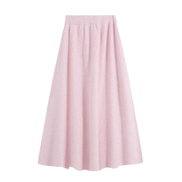 Women's knit set with cozy sweater featuring 3D flower appliqué and A-line skirt Amarae