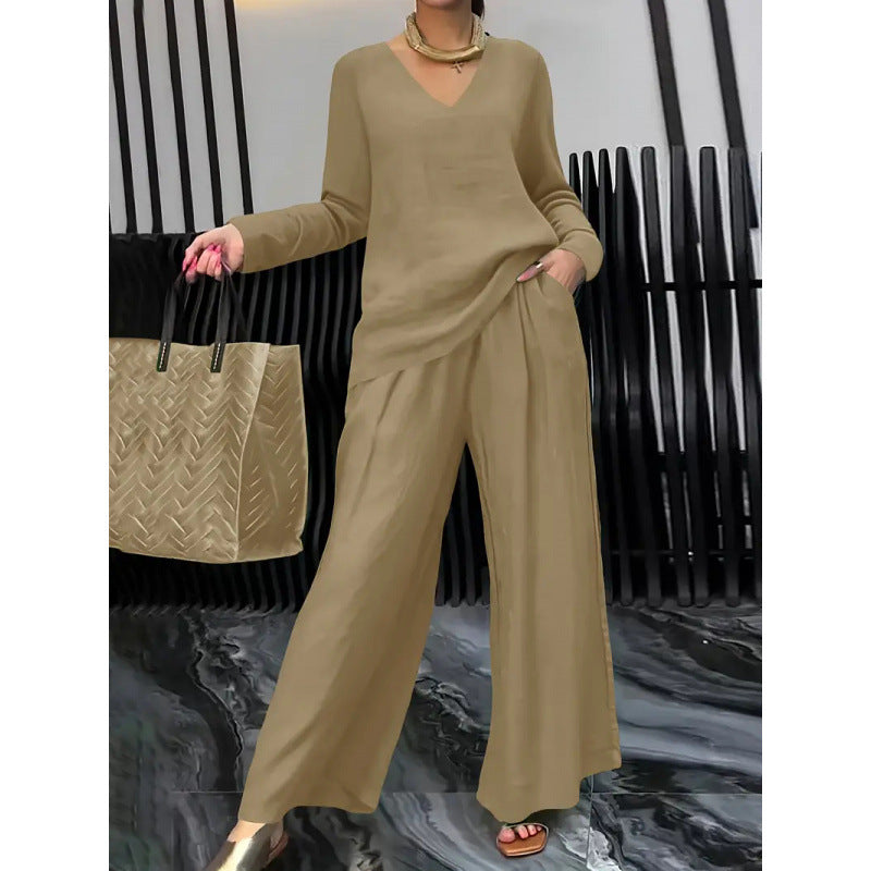 Women's Fine V-Neck Knit Sweater with Flowing Palazzo Pants Amarae