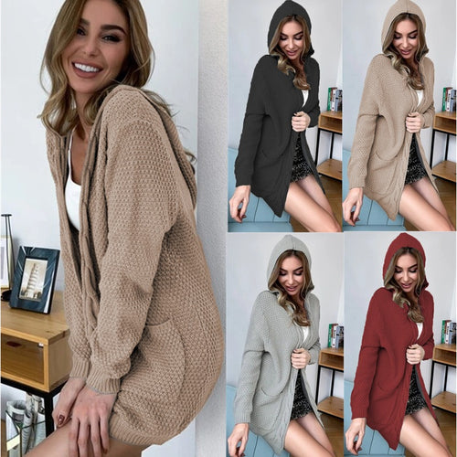 Ladies Chunky Knit Cardigan with Hood and Pockets Amarae