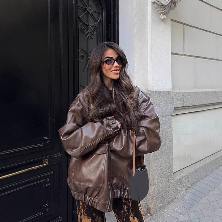Women's Oversized Vegan Leather Bomber Jacket with Elastic Hem & Large Flap Pockets Amarae