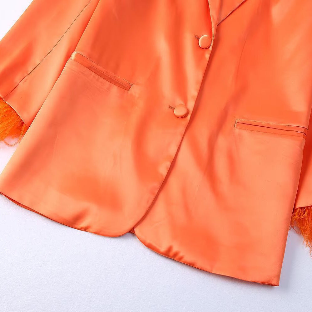 Women's Satin One-Button Blazer with Feather Trim on Sleeves Amarae