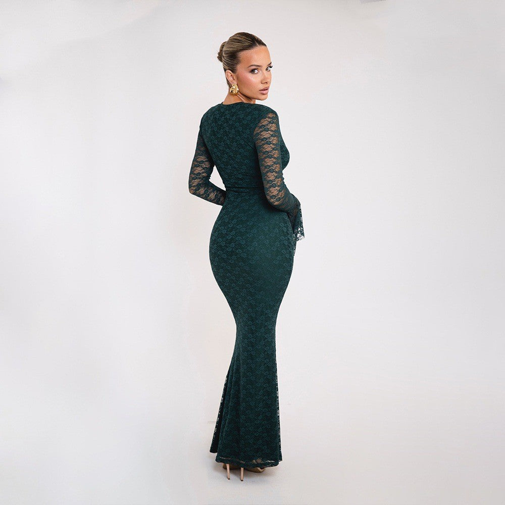 Elegant lace evening dress for women with deep V-neck and long bell sleeves Lune London